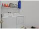 Bright laundry room with a new washer and dryer, featuring ample shelving for storage of supplies at 788 Grand Country Ave, North Las Vegas, NV 89086