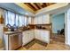 Charming kitchen featuring updated appliances, white cabinetry, and a view to the backyard at 8504 Soneto Ln, Las Vegas, NV 89117