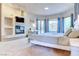 A bright and spacious bedroom featuring a cozy fireplace and large windows at 1601 Fairgate Ct, Las Vegas, NV 89117