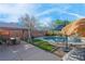 Inviting backyard featuring a refreshing pool, spa, dining area, and lounge seating for outdoor relaxation and entertainment at 2504 Courlan Dr, North Las Vegas, NV 89084