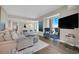 The open-plan living room offers a dining area, comfortable seating, a wall-mounted TV, hardwood floors, and great city views at 2700 Las Vegas Blvd # 1803, Las Vegas, NV 89109