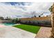 Landscaped backyard featuring artificial turf, a swimming pool, and a wooden fence for privacy, perfect for outdoor activities at 4855 San Sebastian Ave, Las Vegas, NV 89121