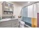 Charming bathroom featuring a granite vanity and gray cabinets for storage at 5093 Sun Valley Dr, Las Vegas, NV 89122