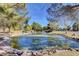 Picturesque community pond surrounded by lush green grass, mature trees, and a rock border at 9005 Feather River Ct, Las Vegas, NV 89117