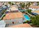 Backyard features a pool, covered patio and mature landscaping at 9843 Frosty Canyon Ct, Las Vegas, NV 89183