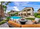 Inviting backyard with a sparkling pool, spa, fire pit, and comfortable seating area at 12283 Lost Treasure Ave, Las Vegas, NV 89138