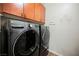 Well-equipped laundry room with modern washer and dryer, upper cabinets and ample counter space at 132 Soaring Sky Ave, Henderson, NV 89011