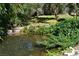 Backyard pond surrounded by lush greenery and rock features creating a tranquil oasis at 1382 N Trout Canyon Rd, Las Vegas, NV 89124