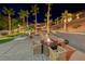 Landscaped backyard with tiered retaining walls, palm trees, and a fire pit at 2064 Poetry Ave, Henderson, NV 89052