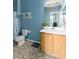 Bathroom with blue walls, single sink vanity, and patterned floors at 4350 Westbury Square St # 3, North Las Vegas, NV 89032