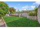 Spacious backyard with lush green grass, mature landscaping, and a decorative perimeter fence at 9211 Golden Feather Ct, Las Vegas, NV 89147