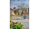 Charming patio area with a cozy yellow rocking chair, colorful rug, and flowering plants at 3009 Anna Bay Dr, Las Vegas, NV 89134
