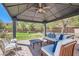 Cozy covered patio featuring comfortable seating and a ceiling fan, perfect for relaxing and entertaining outdoors at 537 Tuscany View St, Las Vegas, NV 89145