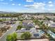 Expansive aerial view of a neighborhood showcasing mature landscaping, swimming pools, and mountain views at 6895 Kelp Ledge Ct, Las Vegas, NV 89131