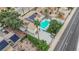 An aerial view showcases the property's backyard pool, solar panels, mature landscaping, and outdoor storage at 5239 Somerset Dr, Las Vegas, NV 89120