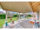 A covered back patio with a view of a nicely landscaped backyard at 7533 Grenfell Dr, Las Vegas, NV 89129