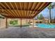 Inviting covered patio features ceiling fans, a pool, and well-manicured landscaping, perfect for outdoor relaxation at 8716 Castle Hill Ave, Las Vegas, NV 89129