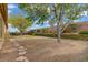Serene backyard showcasing gravel landscaping, green lawn and mature trees, offering a peaceful retreat at 10201 Los Padres Pl, Las Vegas, NV 89134