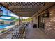Inviting outdoor patio featuring brick accents, decorative lighting, and covered pergola overlooking the refreshing pool at 1988 N Moapa Valley Blvd, Logandale, NV 89021