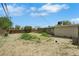 View of the backyard featuring a mix of grass and desert landscaping, enclosed by a wooden fence, with scattered mature trees at 1041 E Saint Louis Ave, Las Vegas, NV 89104
