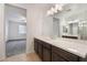 Bathroom vanity with double sinks and view to bedroom at 1273 Olivia Parkway Pkwy, Henderson, NV 89011