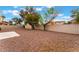 Backyard with gravel ground cover, hardscape patio, mature trees, and block wall at 1335 Heather Oaks Way, North Las Vegas, NV 89031