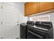 Modern laundry room with front loading washer and dryer set and wooden cabinets above at 7505 Mission Palm St, Las Vegas, NV 89139