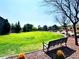 A spacious green backyard is shown with bench, mature trees, and landscaping, creating a serene outdoor space at 8694 Glen Echo Ave, Las Vegas, NV 89148