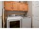 Functional laundry room equipped with Samsung washer and dryer and cabinet storage above at 3491 Cottage Thistle Dr, Laughlin, NV 89029