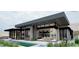 Modern home exterior with pool, patio, large windows, and desert landscaping at 563 Rock Peak Dr, Henderson, NV 89012