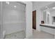 Sleek bathroom featuring a glass-enclosed shower, double vanity, and stylish decor at 658 Falcon Summit Ct, Henderson, NV 89012
