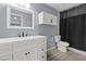 Bathroom with white vanity, framed mirror, and shower with black curtain at 6800 E Lake Mead Blvd # 1033, Las Vegas, NV 89156