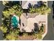 Aerial view of the home's roof and backyard pool surrounded by lush trees in a quiet neighborhood at 4156 Balmoral Castle Ct, Las Vegas, NV 89141