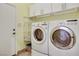 Bright laundry room with modern washer and dryer, white cabinets, and functional shelving at 7908 Morning Gallop Ct, Las Vegas, NV 89131