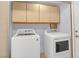 Functional laundry area equipped with a washer and dryer set and ample storage cabinets at 2819 Prickley Pear Dr, Henderson, NV 89074