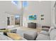 Modern living room with tall ceilings, ample natural light, and a sliding door to the backyard at 3062 Echoed Rondel Ln, Henderson, NV 89044