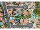 An overhead shot of a desert community with mature landscaping, multiple private pools, and beautiful tile roofs at 2812 Shadow Creek Cir, Las Vegas, NV 89117