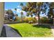Private backyard with lawn, trees, and a paved walkway, providing a serene outdoor space at 289 Garwood Ct, Henderson, NV 89074