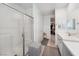 Clean bathroom with walk-in shower, dual vanity and modern fixtures at 4557 E Cactus Canyon Dr, Pahrump, NV 89061
