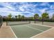 Well-maintained tennis court with green playing surface, surrounded by fencing and trees, ideal for recreational play at 712 Monroe Hill Pl, Henderson, NV 89011
