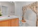 Well-lit bathroom with a vanity, toilet, and a shower-tub combination with a decorative shower curtain at 3581 Pahrump Valley Blvd, Pahrump, NV 89048
