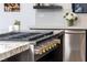 Close-up of a gourmet kitchen featuring a high-end range with gold knobs and granite countertops at 794 Willits St, Las Vegas, NV 89138