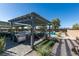 Stylish outdoor kitchen with built-in grill, pizza oven, and desert landscaping, perfect for entertaining at 8637 Home Gate Ct, Las Vegas, NV 89113
