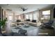 Staged living room featuring wood floors, comfortable seating, and many windows at 189 Kings Canyon Court Ct, Henderson, NV 89012