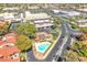 Aerial view showcasing a home with a private pool and lush greenery, set in a well-maintained neighborhood and nearby shopping at 2583 Egret Cir, Las Vegas, NV 89121