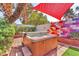 Backyard hot tub under a red shade sail creates a relaxing outdoor space at 2583 Egret Cir, Las Vegas, NV 89121