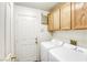 Bright laundry room with white appliances, neutral walls, and wooden cabinetry for ample storage at 5437 Escallonia St, Las Vegas, NV 89149