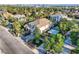 Aerial shot of home with lush landscaping, pool, patio, mature trees and a spiral staircase at 3560 Five Pennies Ln, Las Vegas, NV 89120