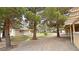 Charming exterior view of a home with multiple buildings, mature trees, and green spaces at 3580 Unicorn Ave, Pahrump, NV 89048