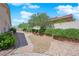 Stone pathway through a well-maintained side yard with manicured bushes and desert landscaping at 4722 Blue Mesa Way, Las Vegas, NV 89129